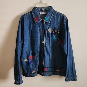 S Collection Gecko Lizard Jean Jacker Southwestern Western Embroidered Vintage